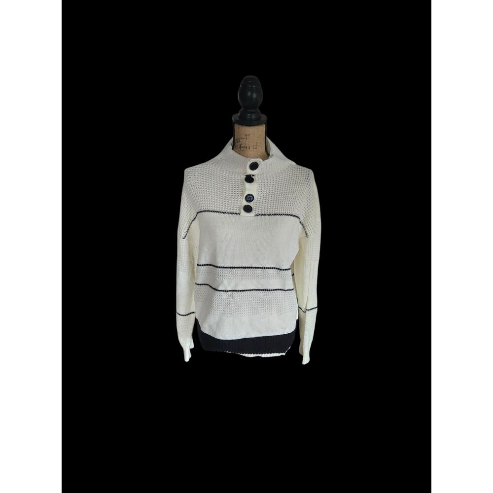 White and black striped long sleeve sweater, no brand or size
